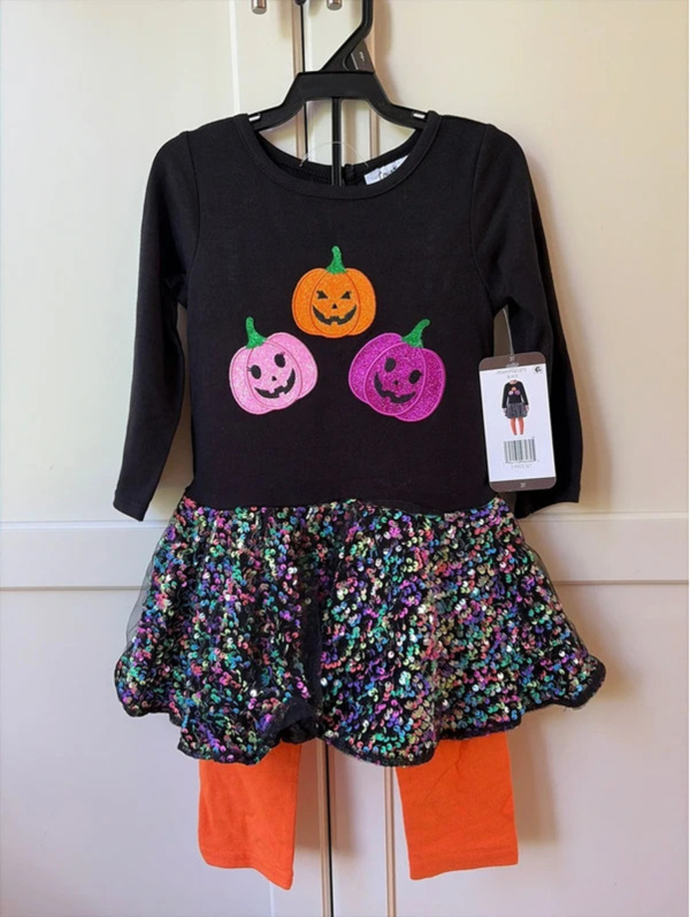 Counting Daisies Girls 3T Halloween Sequin Pumpkin Dress Leggings Set NWT